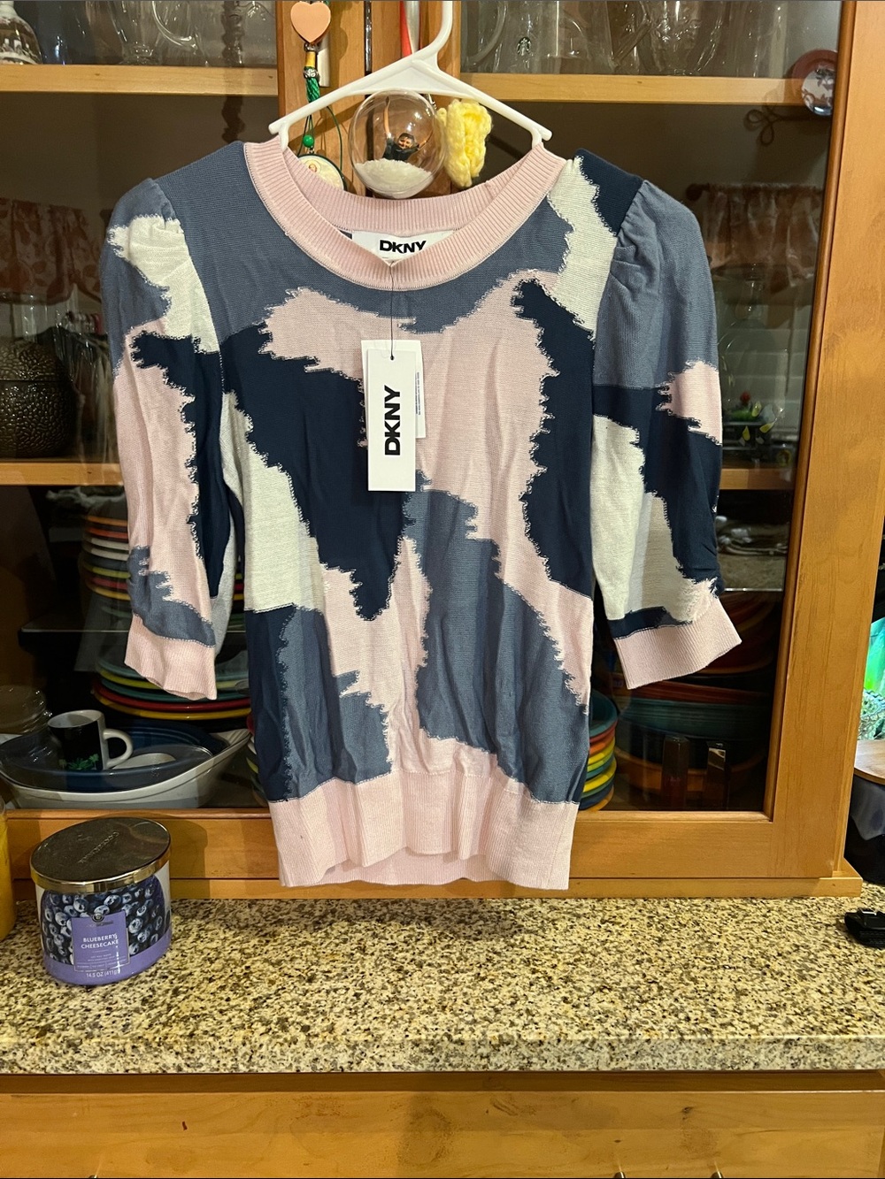 DKNY Pink, Navy & White Abstract Patchwork Short-Sleeve Sweater